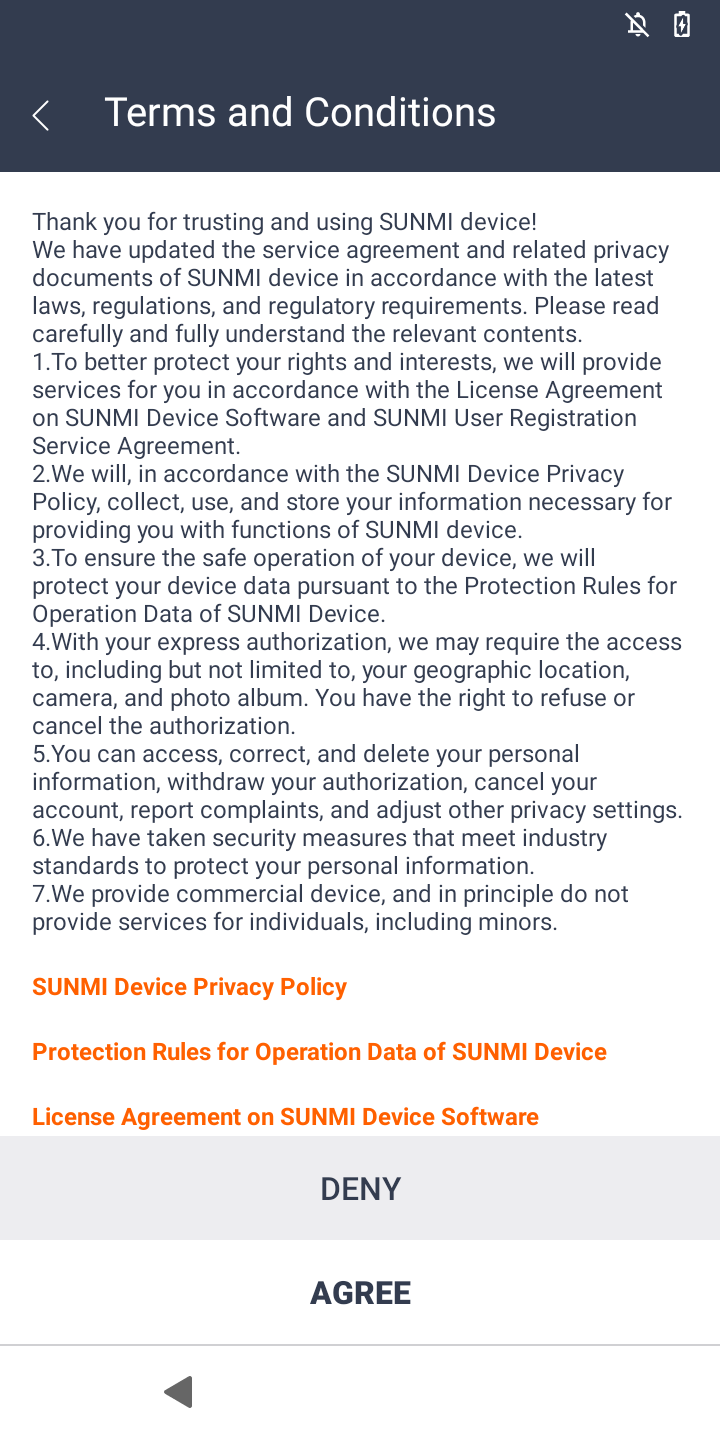 Schermata per l'accettazione dei termini e delle condizioni d’uso del device SunMi.