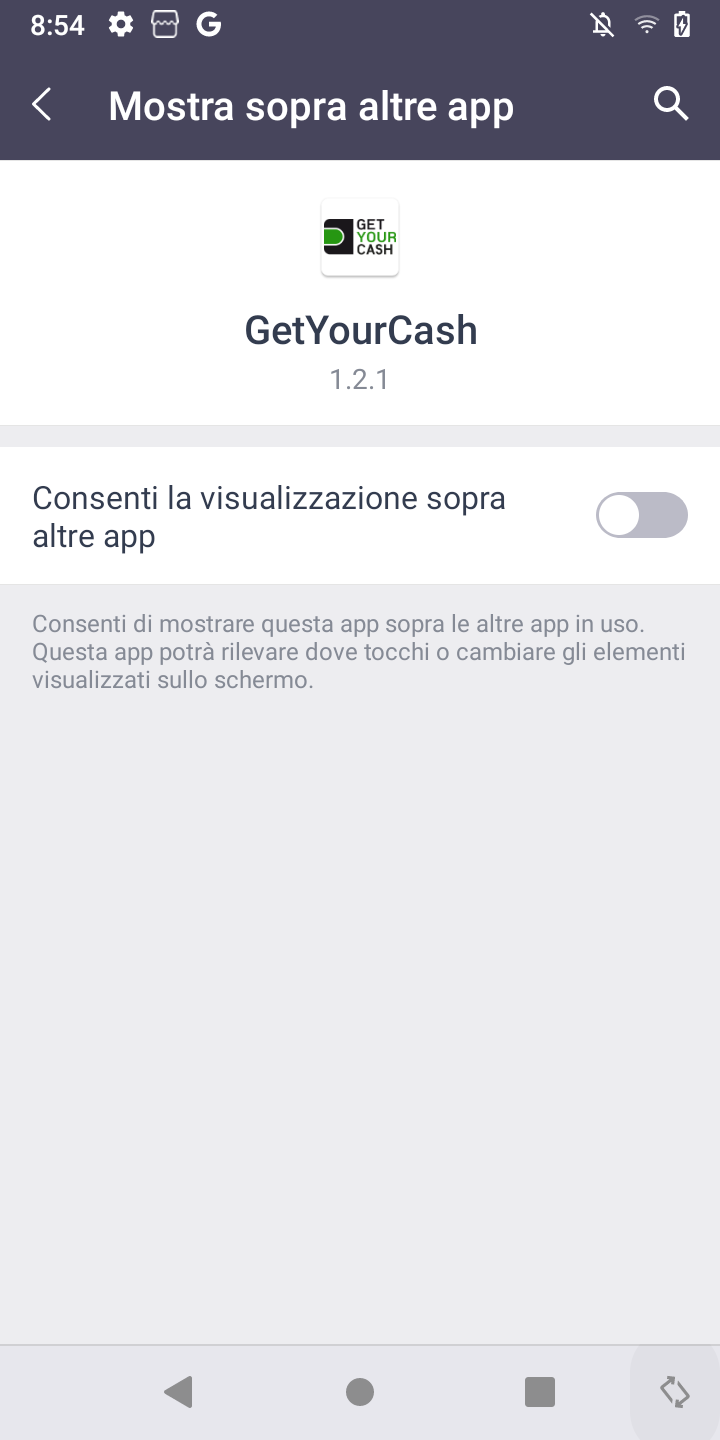 Schermata per "consentire la visualizzazione sopra altre app&rdquo;.