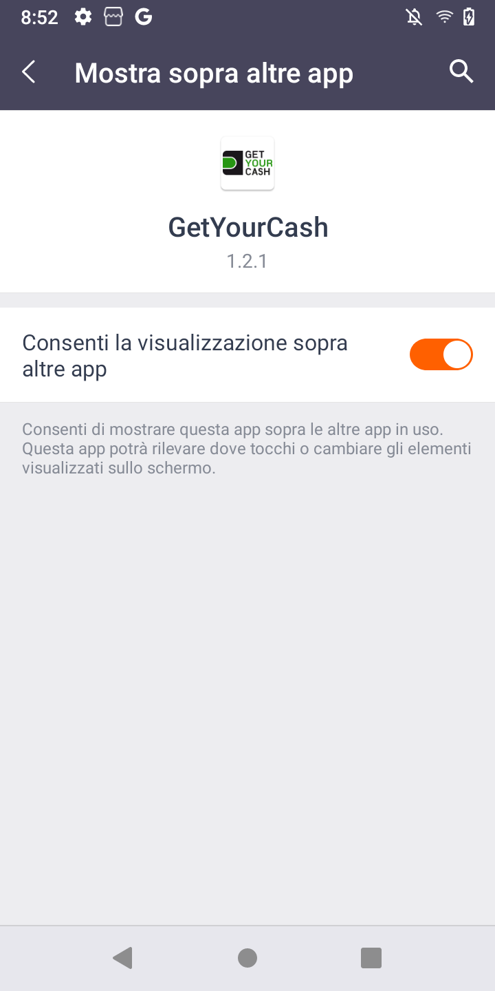 Schermata per "consentire la visualizzazione sopra altre app&rdquo;.