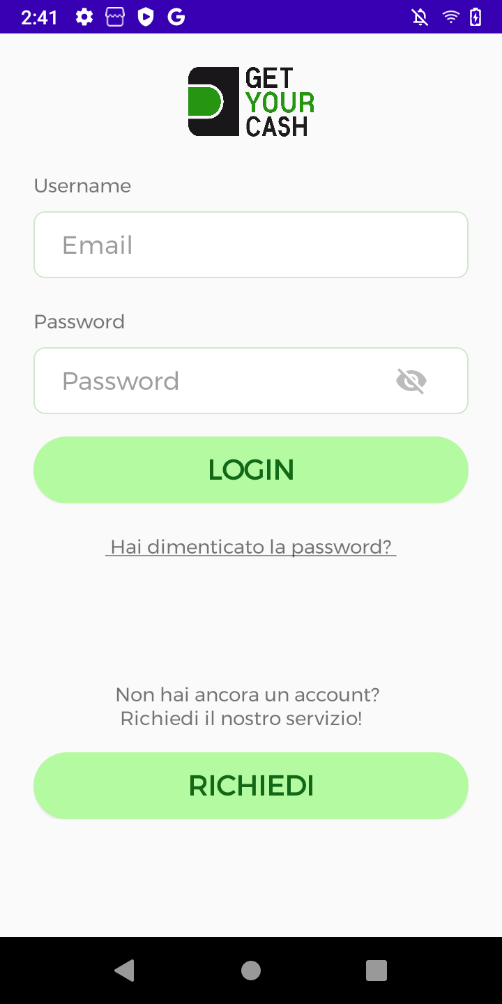 Schermata per fare il log in. I dati di accesso sono gli stessi utilizzati per la registrazione alla piattaforma online di GetYourCash, avvenuta alla fine della procedura di adesione al servizio.